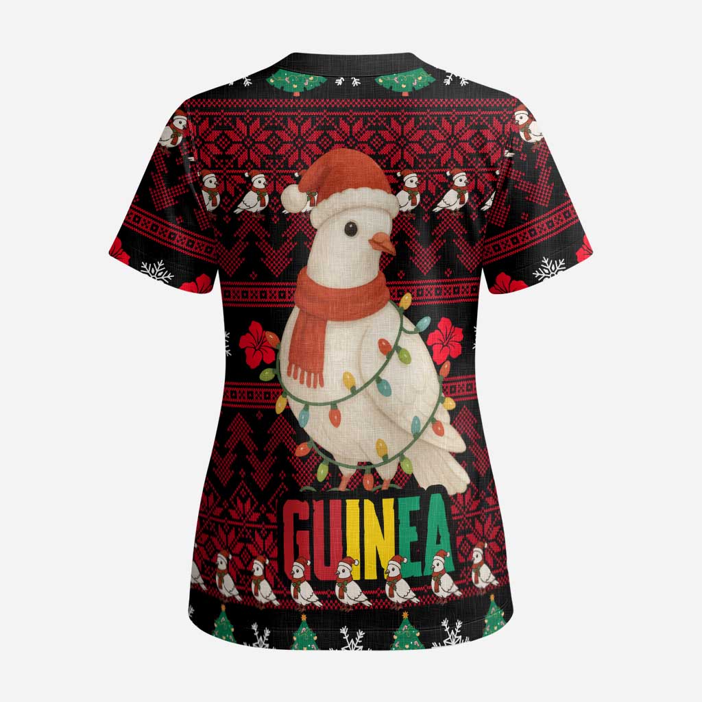 Guinea Christmas Scrub Top Festive Dove String Lights and Red Black Holiday - African Pride