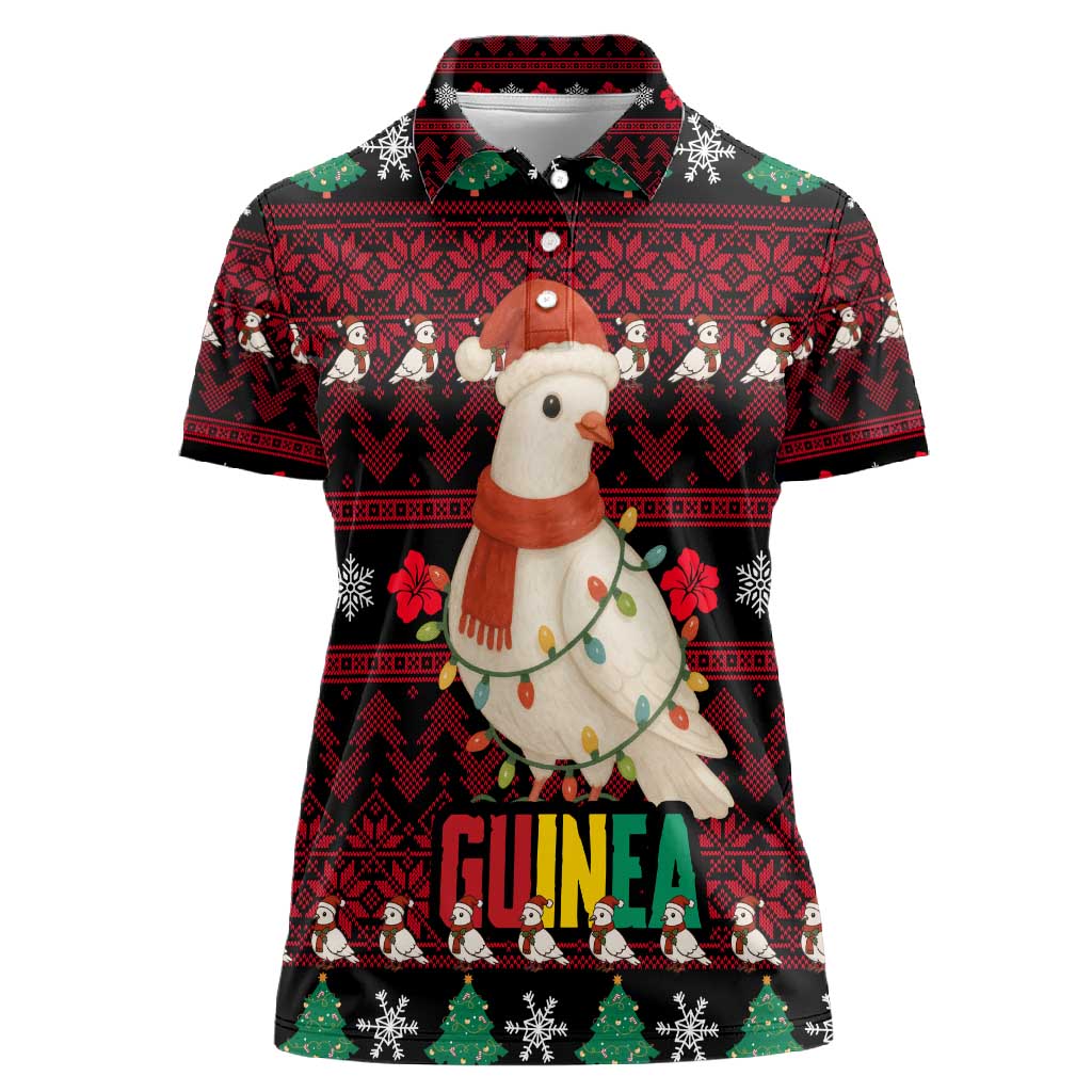 Guinea Christmas Women Polo Shirt Festive Dove String Lights and Red Black Holiday - African Pride
