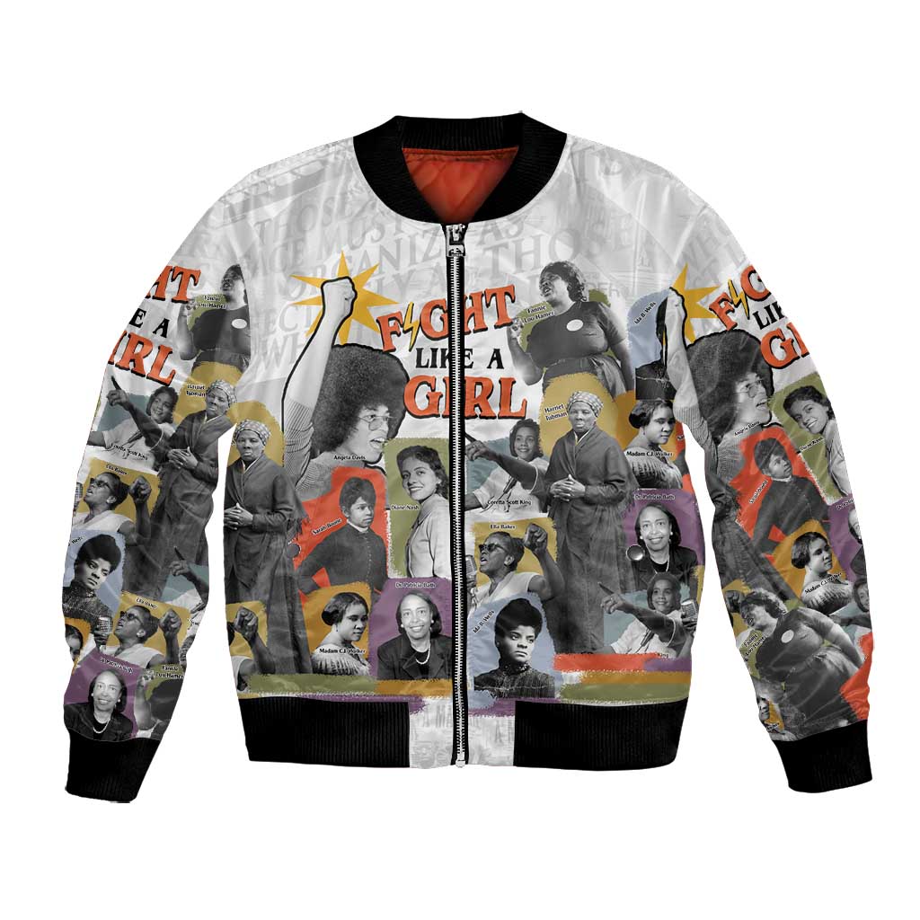 Black History Fight Like A Girl Bomber Jacket African Feminist Icons and Bold Retro Art Style - African Pride