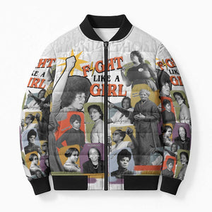Black History Fight Like A Girl Bomber Puffer Jacket African Feminist Icons and Bold Retro Art Style - African Pride
