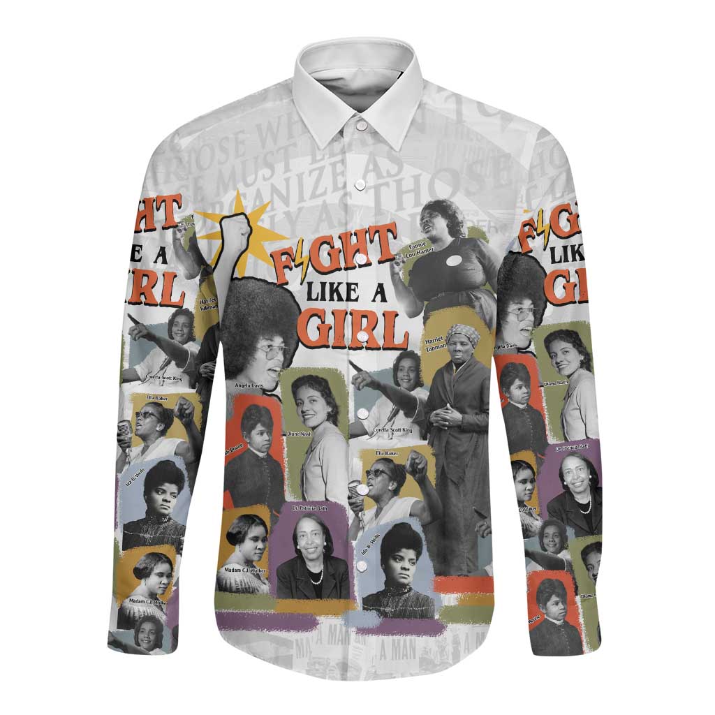 Black History Fight Like A Girl Long Sleeve Button Shirt African Feminist Icons and Bold Retro Art Style - African Pride