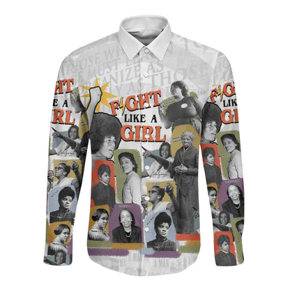 Black History Fight Like A Girl Long Sleeve Button Shirt African Feminist Icons and Bold Retro Art Style - African Pride