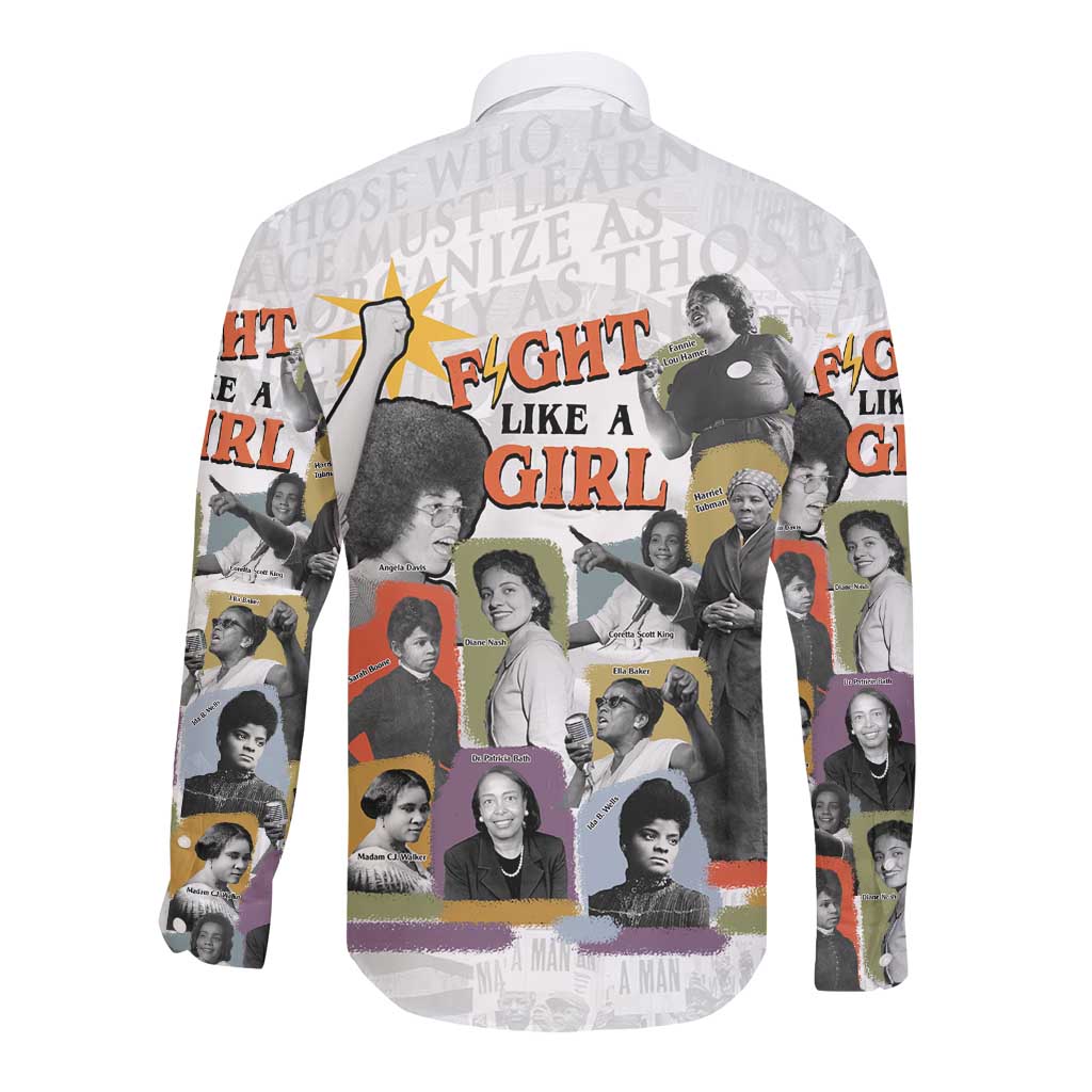 Black History Fight Like A Girl Long Sleeve Button Shirt African Feminist Icons and Bold Retro Art Style - African Pride