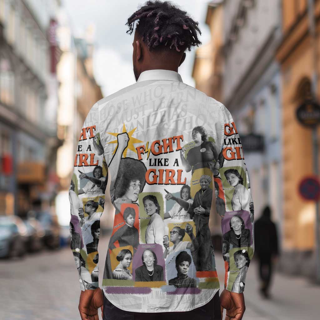 Black History Fight Like A Girl Long Sleeve Button Shirt African Feminist Icons and Bold Retro Art Style - African Pride
