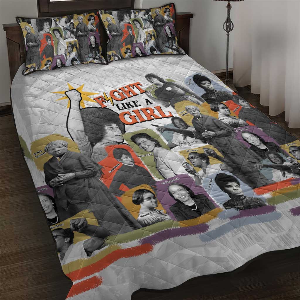 Black History Fight Like A Girl Quilt Bed Set African Feminist Icons and Bold Retro Art Style - African Pride