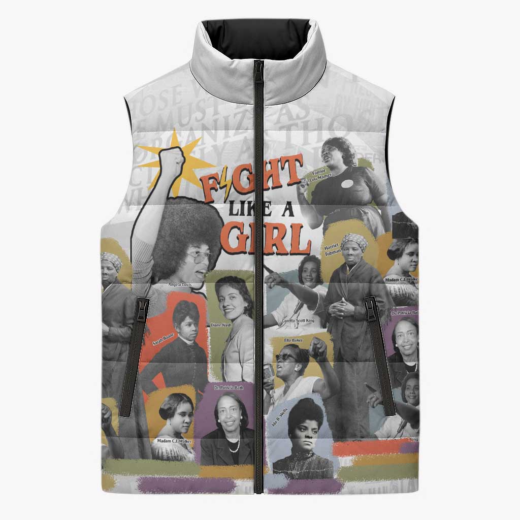 Black History Fight Like A Girl Sleeveless Puffer Jacket African Feminist Icons and Bold Retro Art Style - African Pride