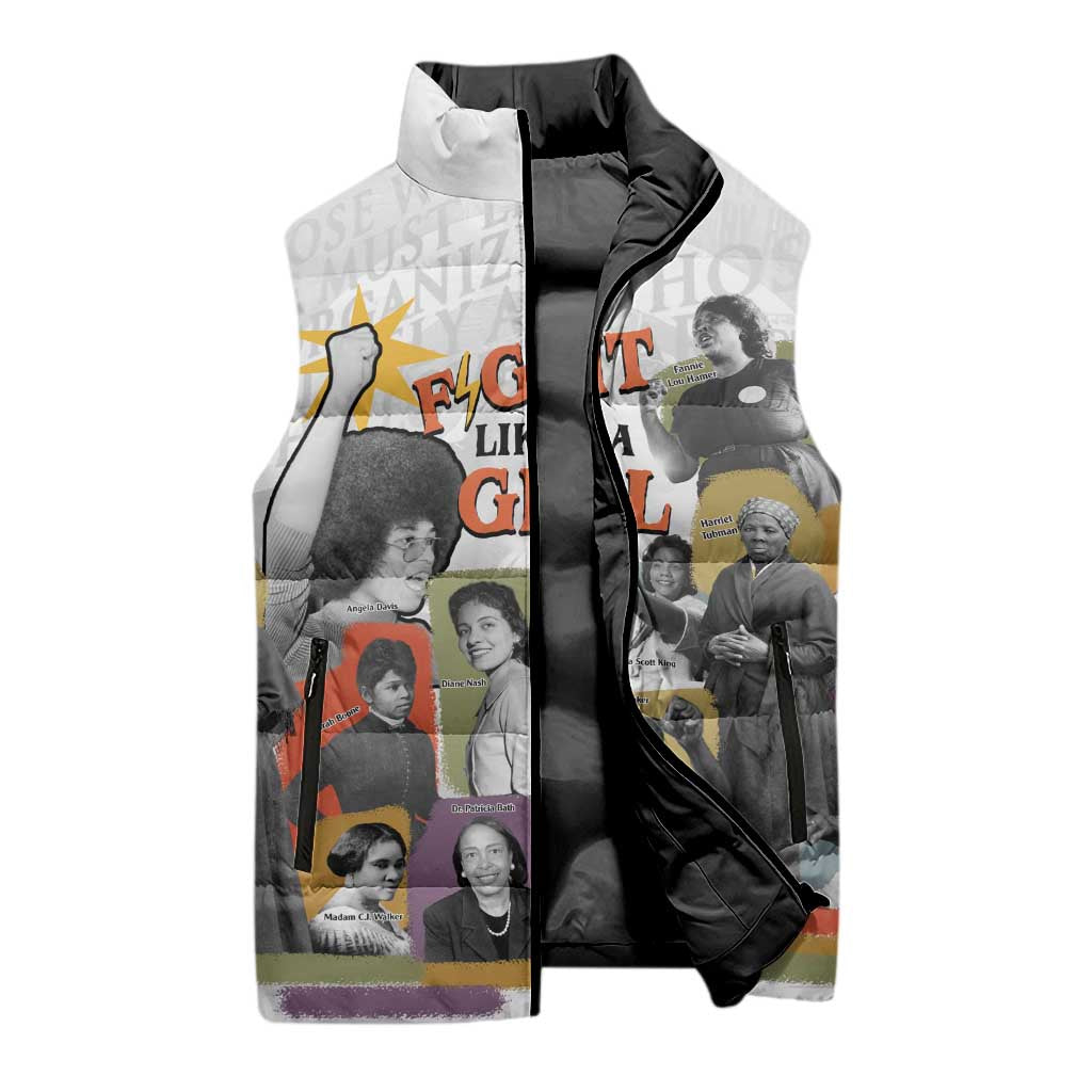 Black History Fight Like A Girl Sleeveless Puffer Jacket African Feminist Icons and Bold Retro Art Style - African Pride