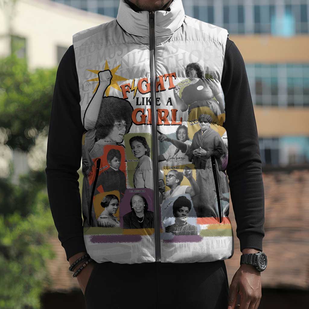 Black History Fight Like A Girl Sleeveless Puffer Jacket African Feminist Icons and Bold Retro Art Style - African Pride