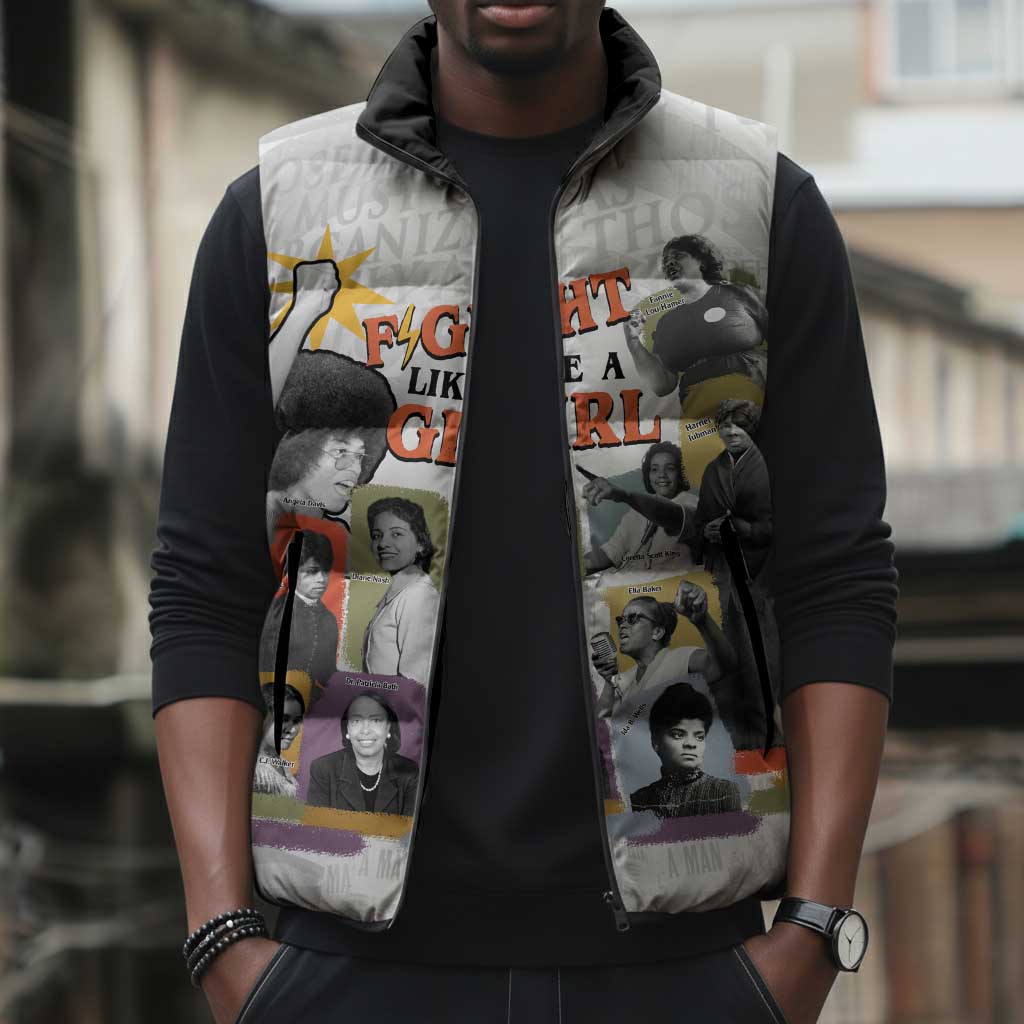 Black History Fight Like A Girl Sleeveless Puffer Jacket African Feminist Icons and Bold Retro Art Style - African Pride