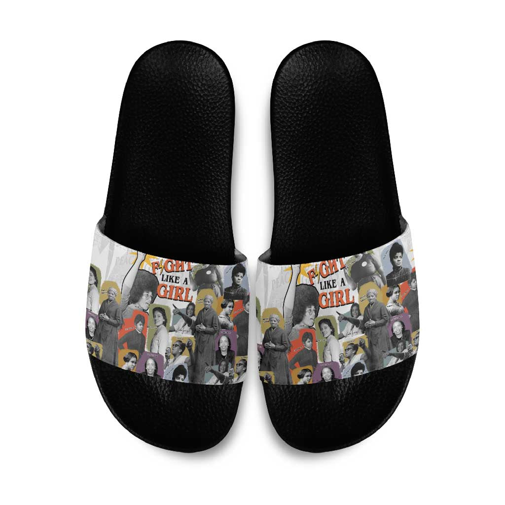 Black History Fight Like A Girl Slide Sandals African Feminist Icons and Bold Retro Art Style - African Pride
