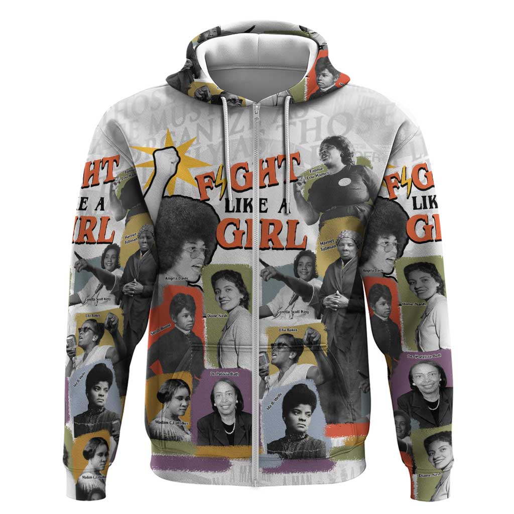 Black History Fight Like A Girl Zip Hoodie African Feminist Icons and Bold Retro Art Style - African Pride