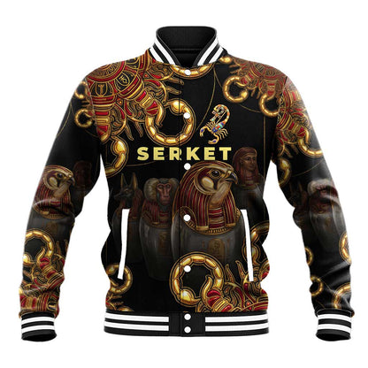 Serket Ancient Egyptian Baseball Jacket with Canopic Jars and Scorpion Motif in Protection