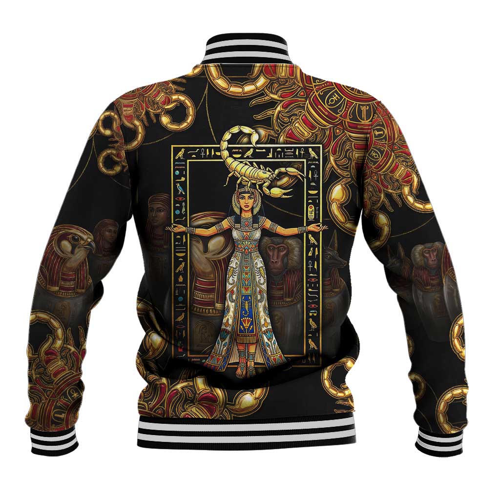 Serket Ancient Egyptian Baseball Jacket with Canopic Jars and Scorpion Motif in Protection