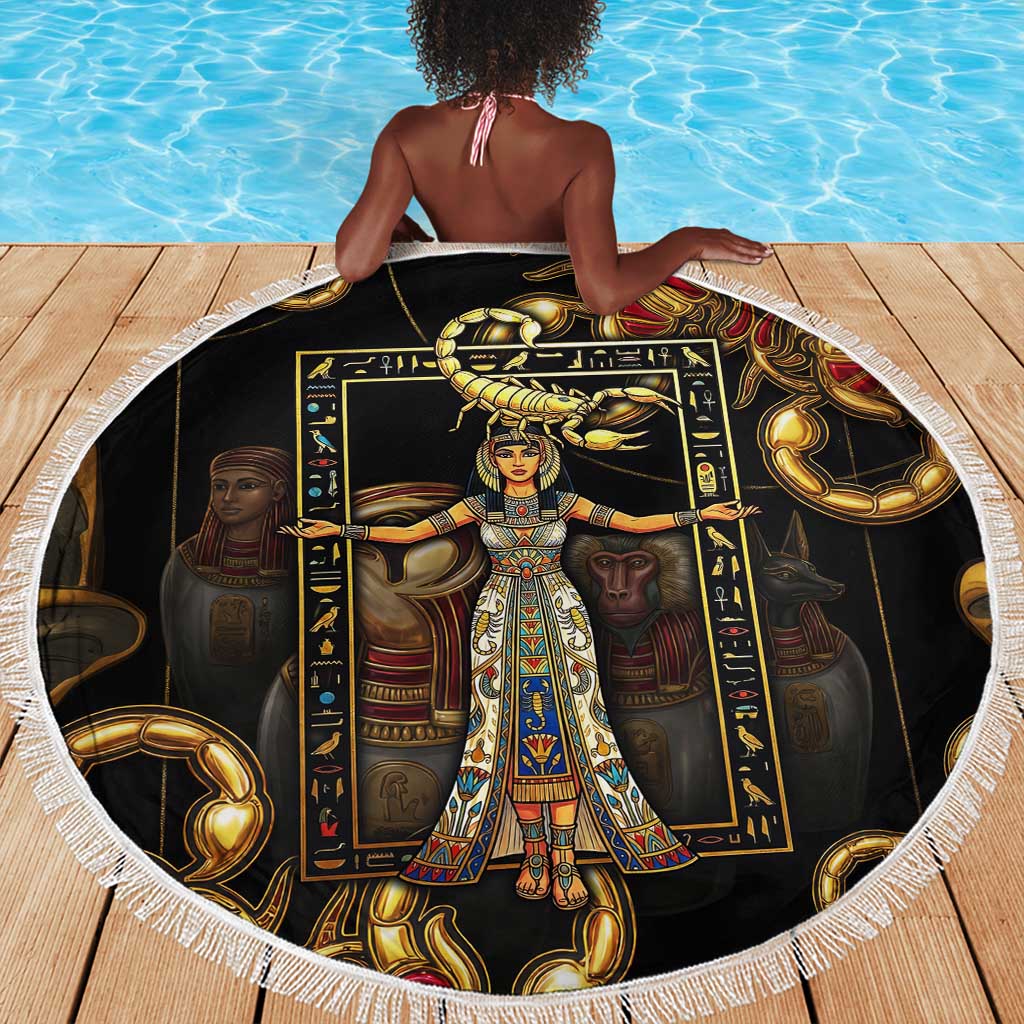 Serket Ancient Egyptian Beach Blanket with Canopic Jars and Scorpion Motif in Protection