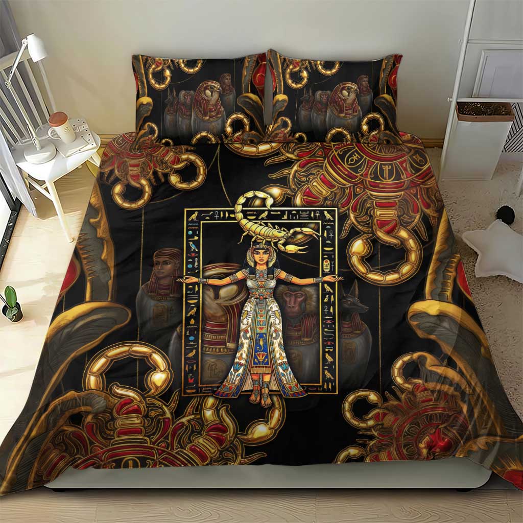 Serket Ancient Egyptian Bedding Set with Canopic Jars and Scorpion Motif in Protection