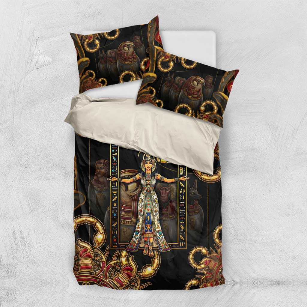 Serket Ancient Egyptian Bedding Set with Canopic Jars and Scorpion Motif in Protection