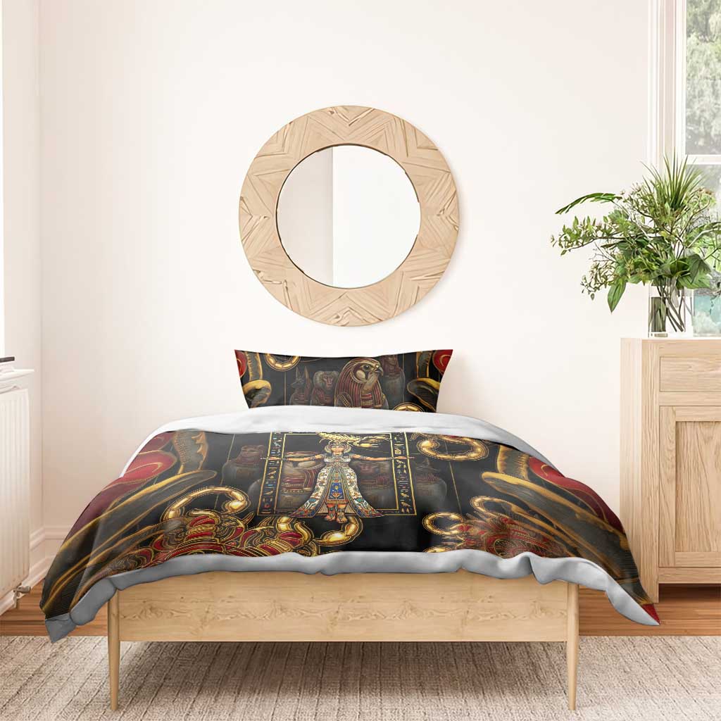 Serket Ancient Egyptian Bedding Set with Canopic Jars and Scorpion Motif in Protection