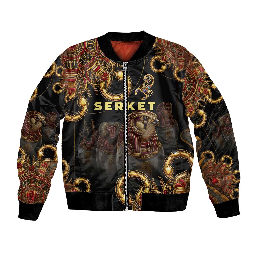 Serket Ancient Egyptian Bomber Jacket with Canopic Jars and Scorpion Motif in Protection