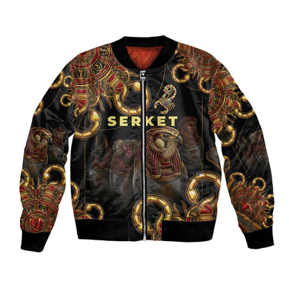 Serket Ancient Egyptian Bomber Jacket with Canopic Jars and Scorpion Motif in Protection