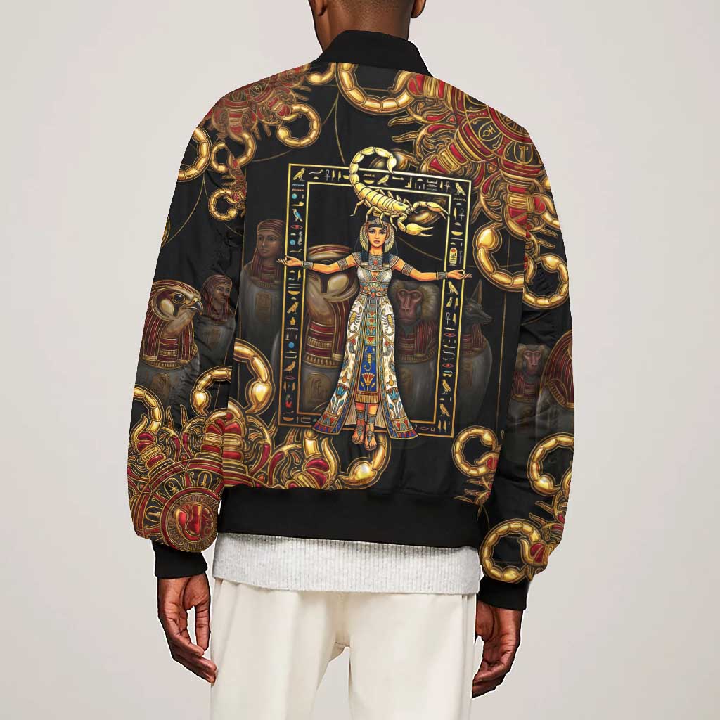 Serket Ancient Egyptian Bomber Jacket with Canopic Jars and Scorpion Motif in Protection