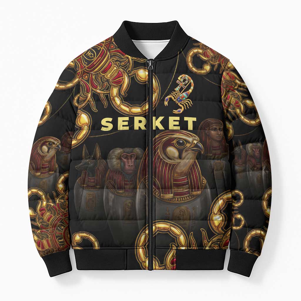 Serket Ancient Egyptian Bomber Puffer Jacket with Canopic Jars and Scorpion Motif in Protection