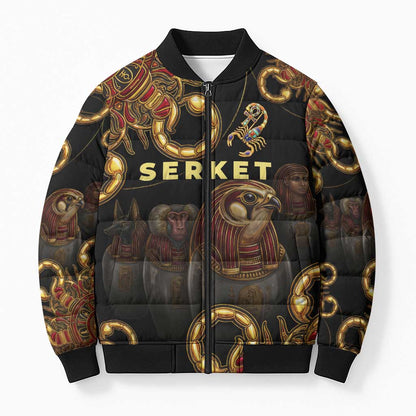 Serket Ancient Egyptian Bomber Puffer Jacket with Canopic Jars and Scorpion Motif in Protection