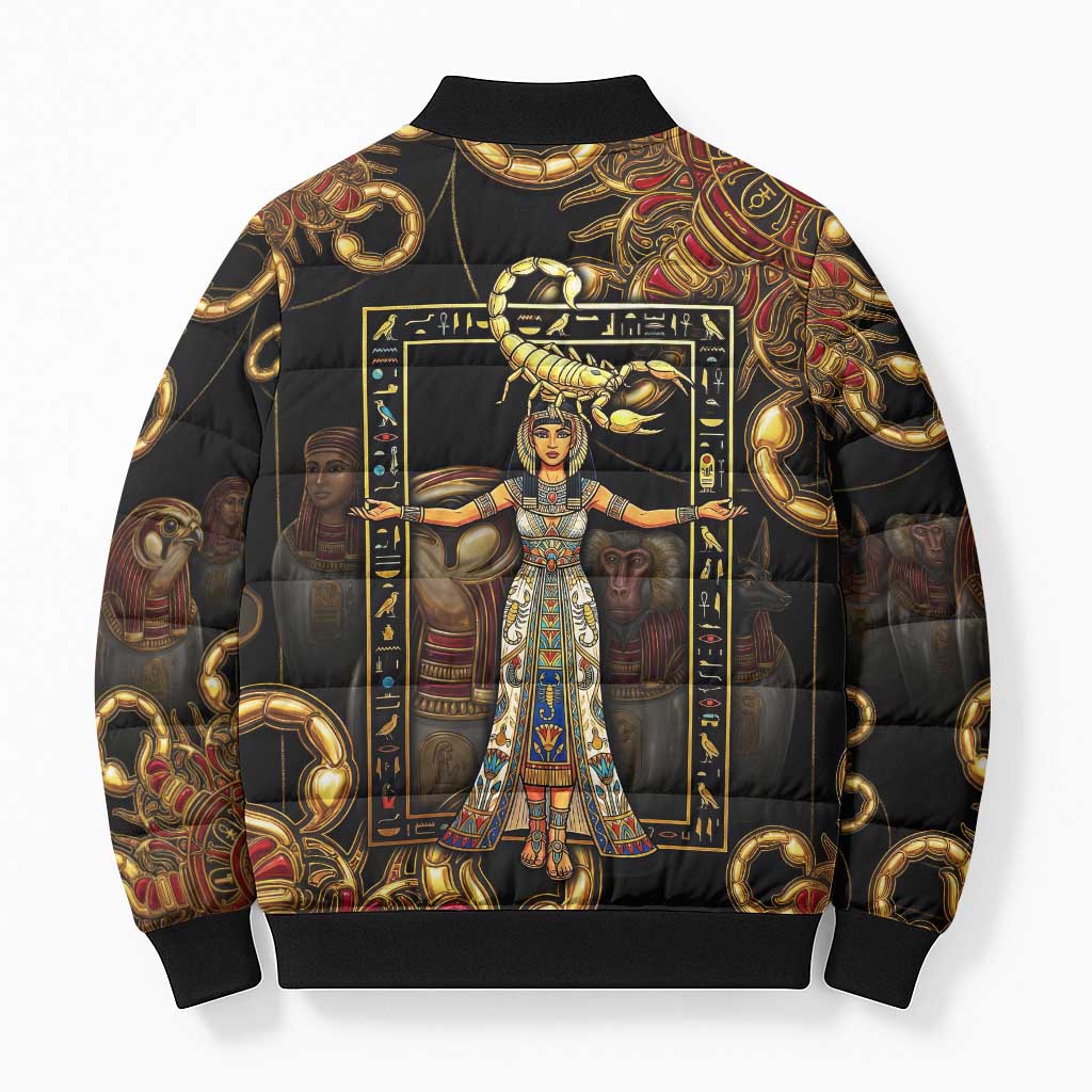 Serket Ancient Egyptian Bomber Puffer Jacket with Canopic Jars and Scorpion Motif in Protection