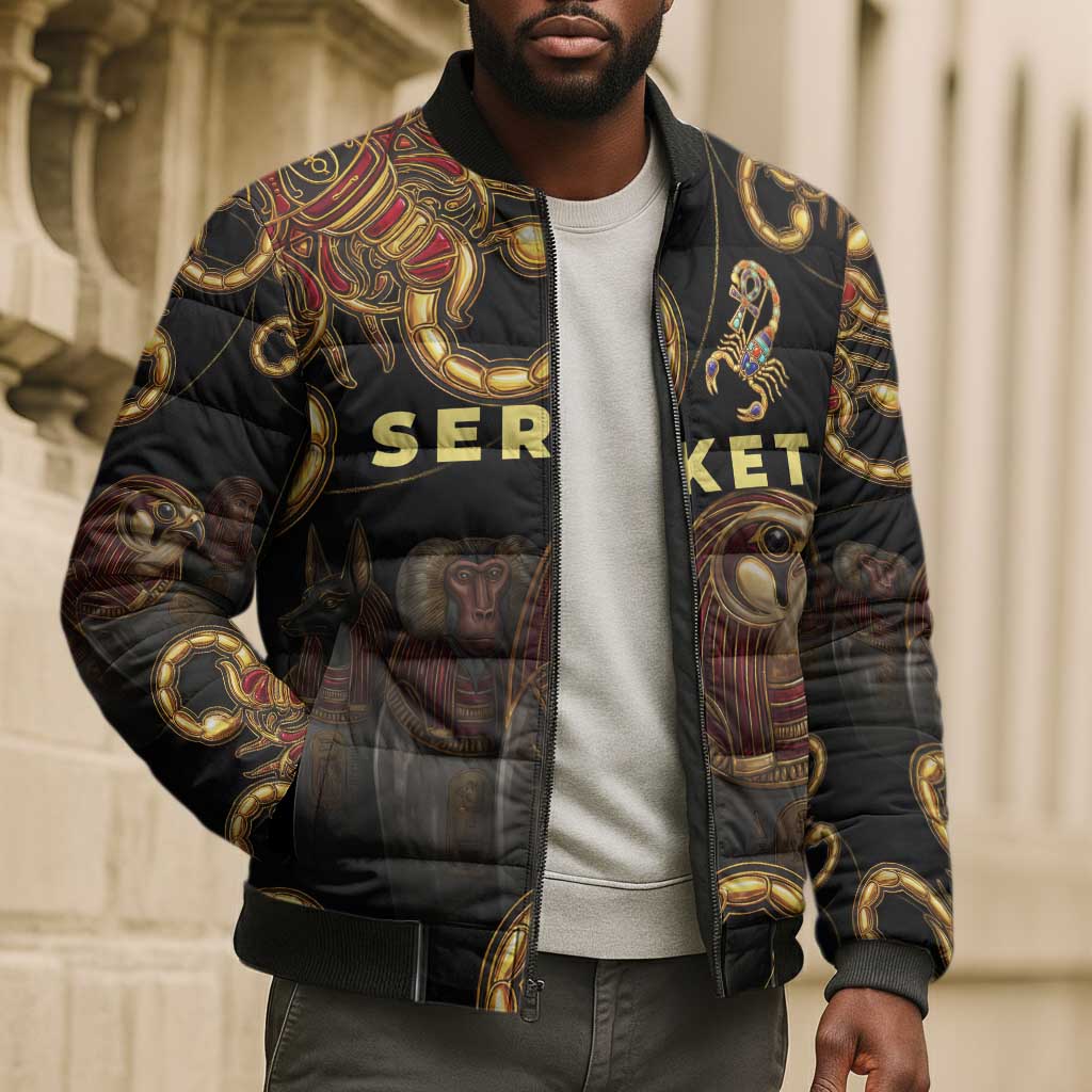 Serket Ancient Egyptian Bomber Puffer Jacket with Canopic Jars and Scorpion Motif in Protection