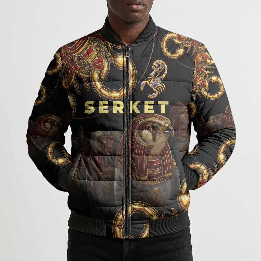Serket Ancient Egyptian Bomber Puffer Jacket with Canopic Jars and Scorpion Motif in Protection