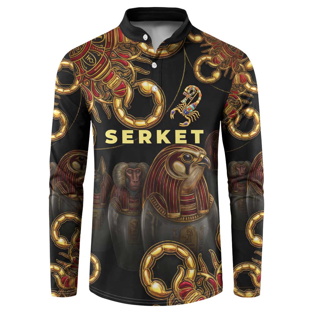 Serket Ancient Egyptian Button Sweatshirt with Canopic Jars and Scorpion Motif in Protection