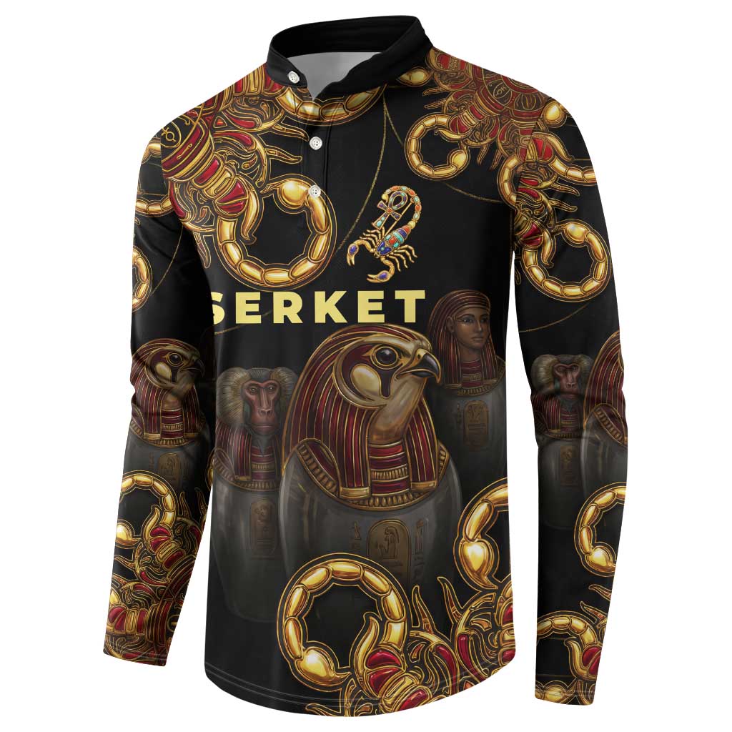 Serket Ancient Egyptian Button Sweatshirt with Canopic Jars and Scorpion Motif in Protection
