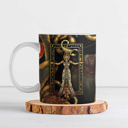 Serket Ancient Egyptian Ceramic Mug with Canopic Jars and Scorpion Motif in Protection