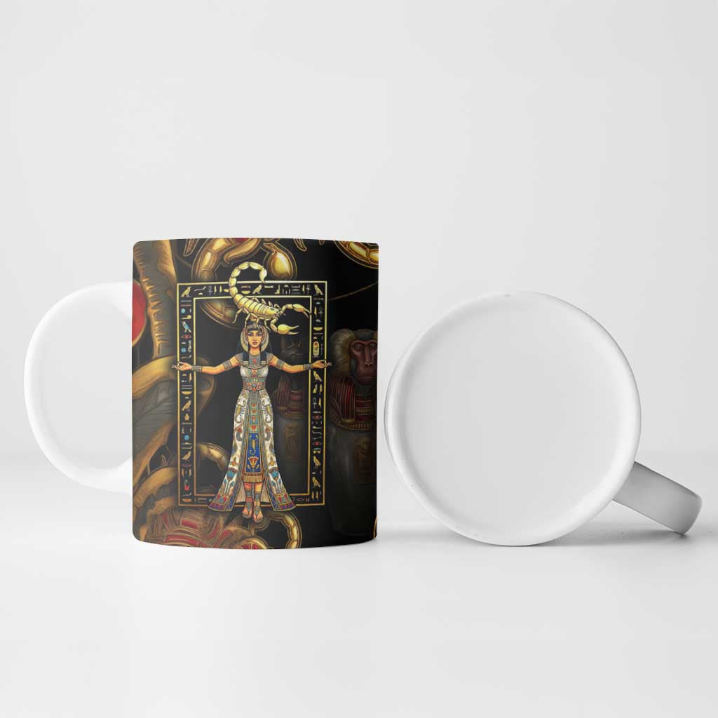 Serket Ancient Egyptian Ceramic Mug with Canopic Jars and Scorpion Motif in Protection