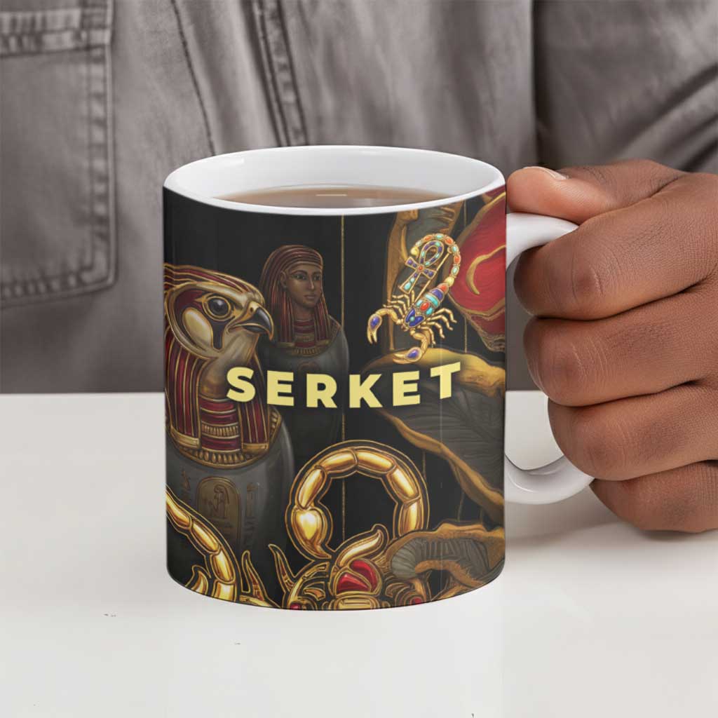 Serket Ancient Egyptian Ceramic Mug with Canopic Jars and Scorpion Motif in Protection