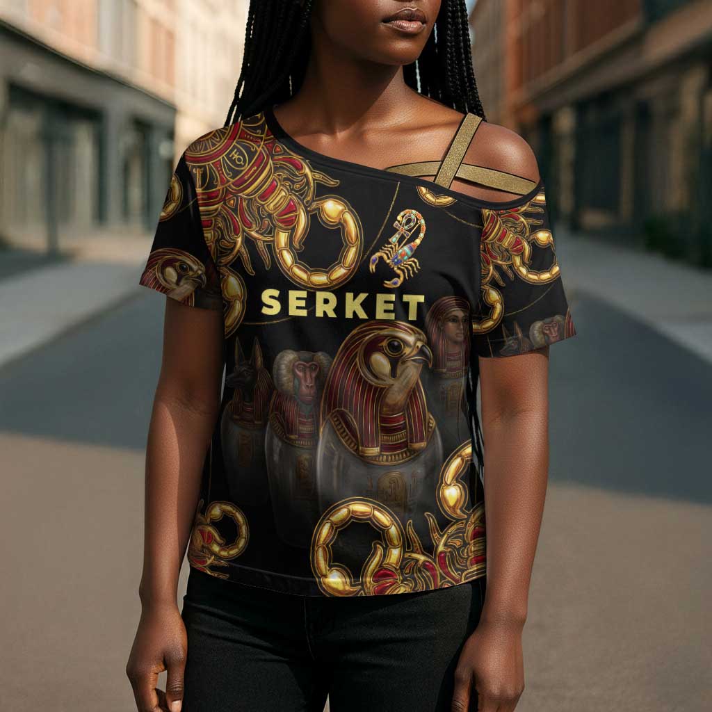 Serket Ancient Egyptian Cross Shoulder Shirt with Canopic Jars and Scorpion Motif in Protection