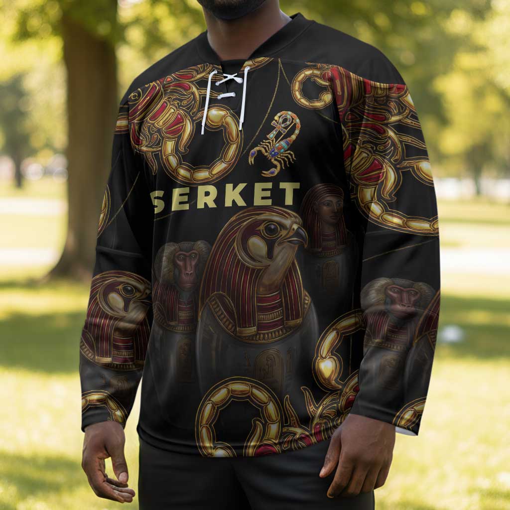 Serket Ancient Egyptian Hockey Jersey with Canopic Jars and Scorpion Motif in Protection