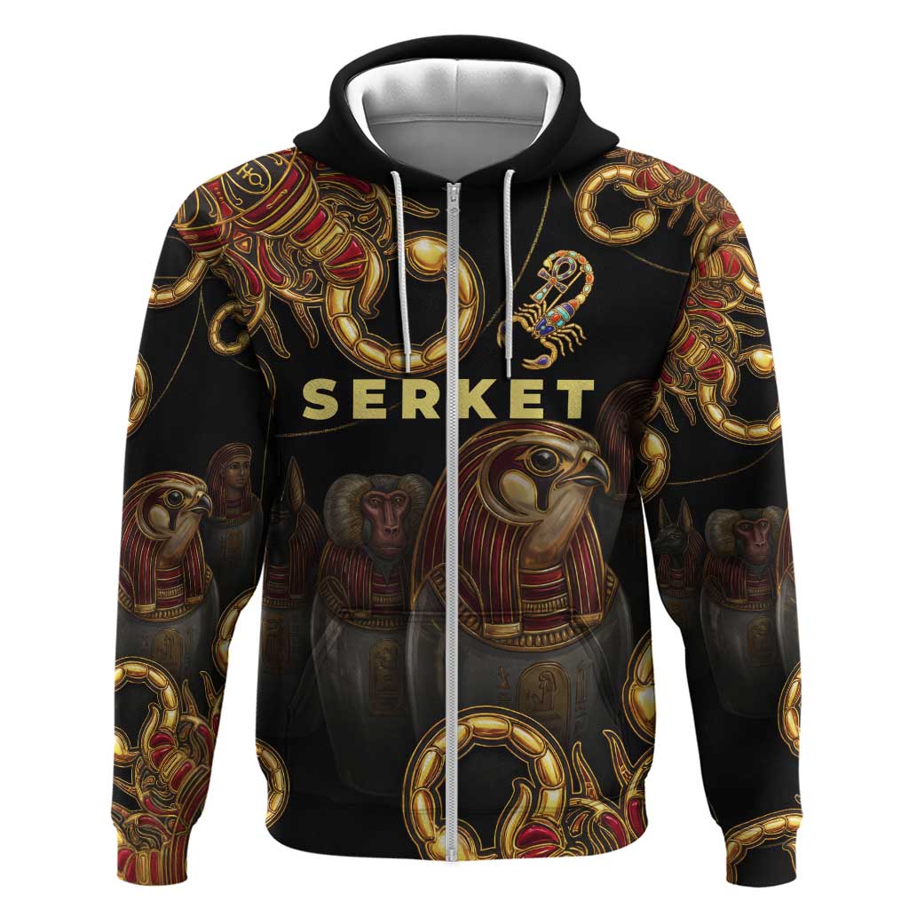 Serket Ancient Egyptian Hoodie with Canopic Jars and Scorpion Motif in Protection