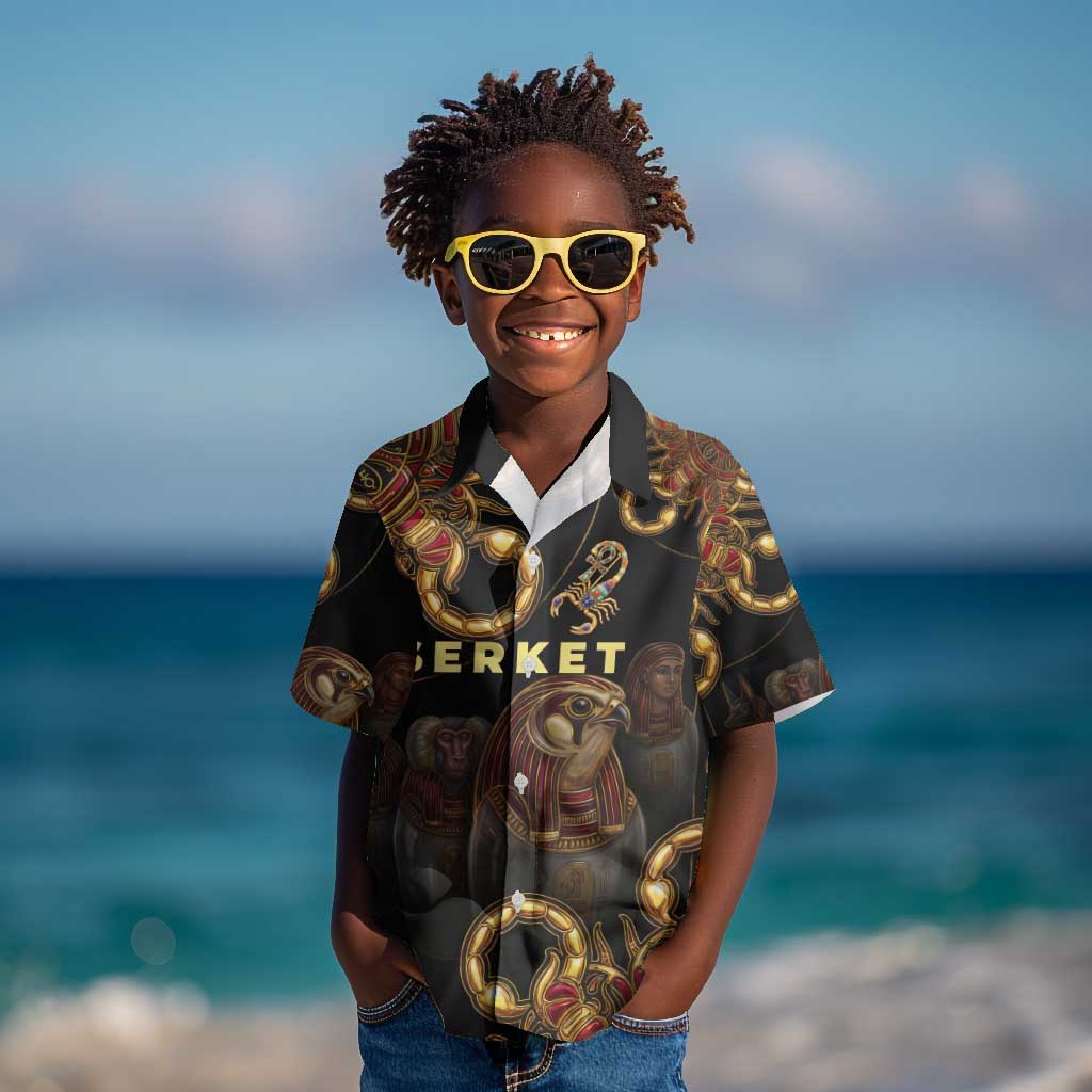 Serket Ancient Egyptian Kid Hawaiian Shirt with Canopic Jars and Scorpion Motif in Protection
