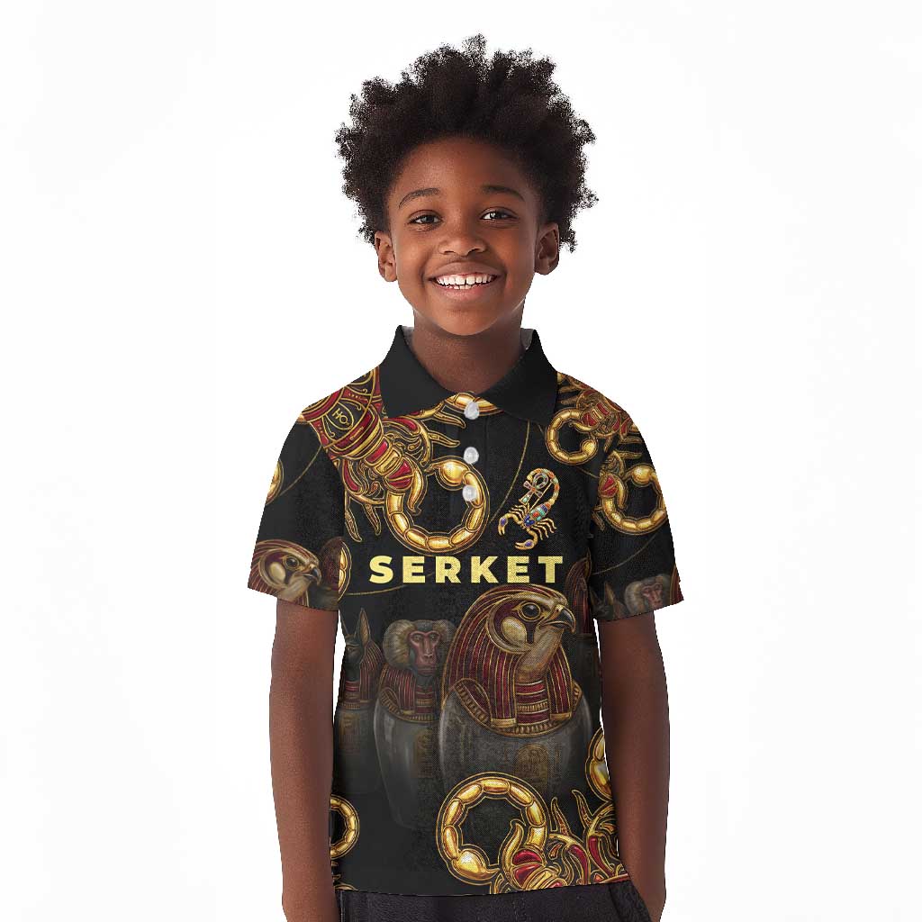 Serket Ancient Egyptian Kid Polo Shirt with Canopic Jars and Scorpion Motif in Protection