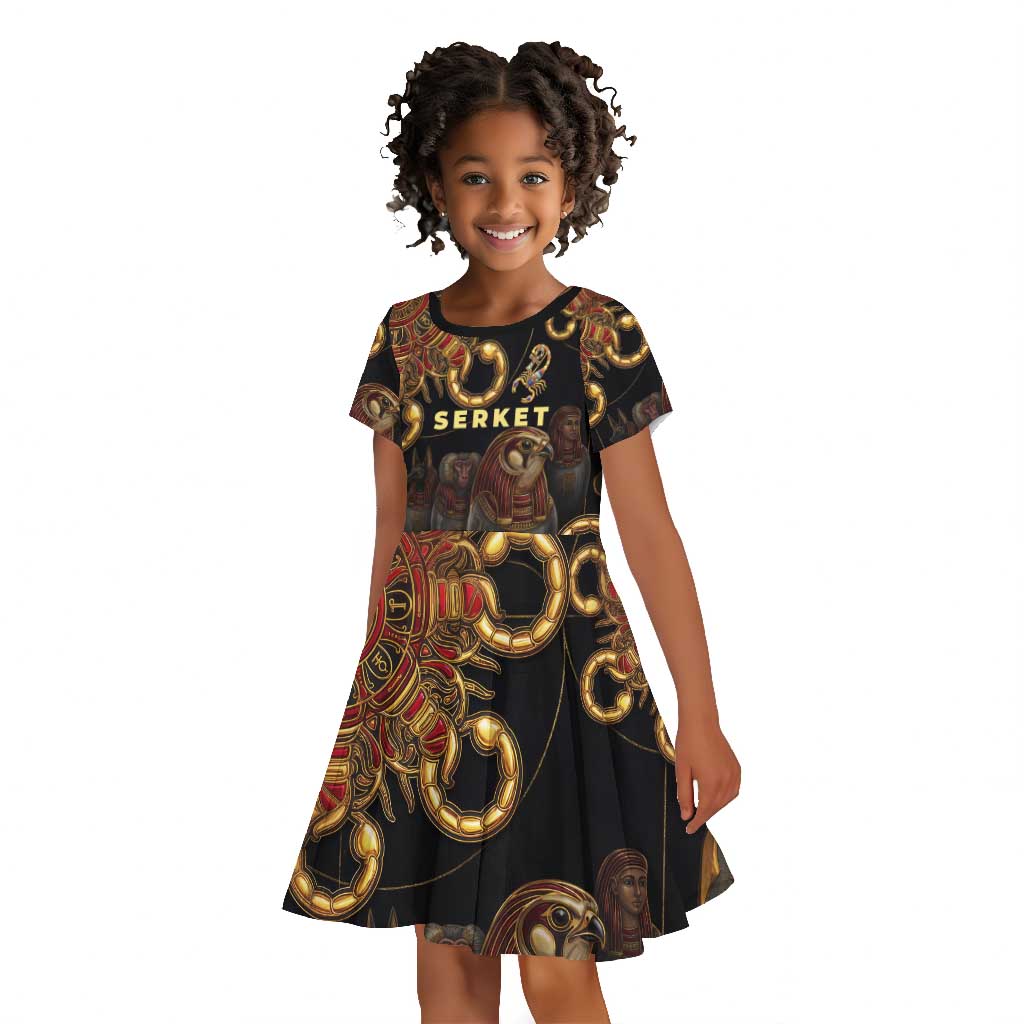 Serket Ancient Egyptian Kid Short Sleeve Dress with Canopic Jars and Scorpion Motif in Protection