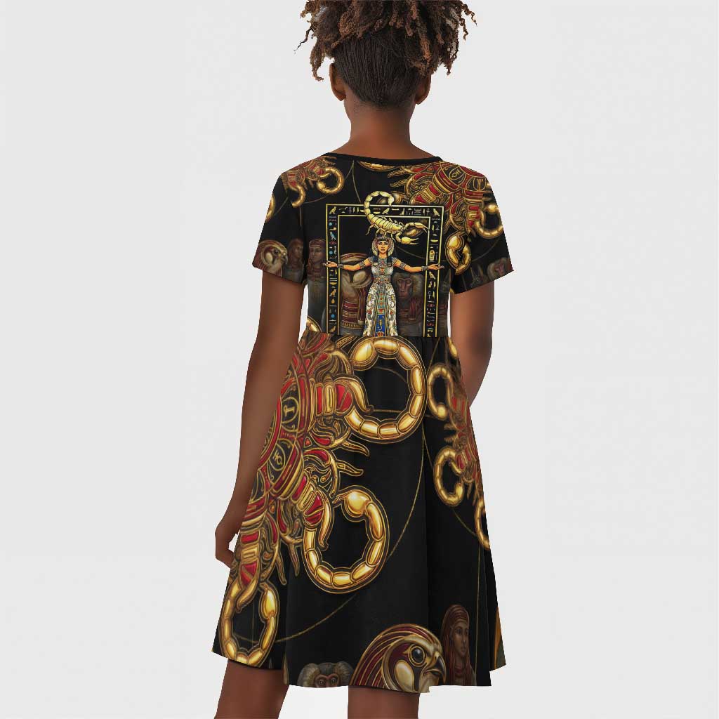 Serket Ancient Egyptian Kid Short Sleeve Dress with Canopic Jars and Scorpion Motif in Protection
