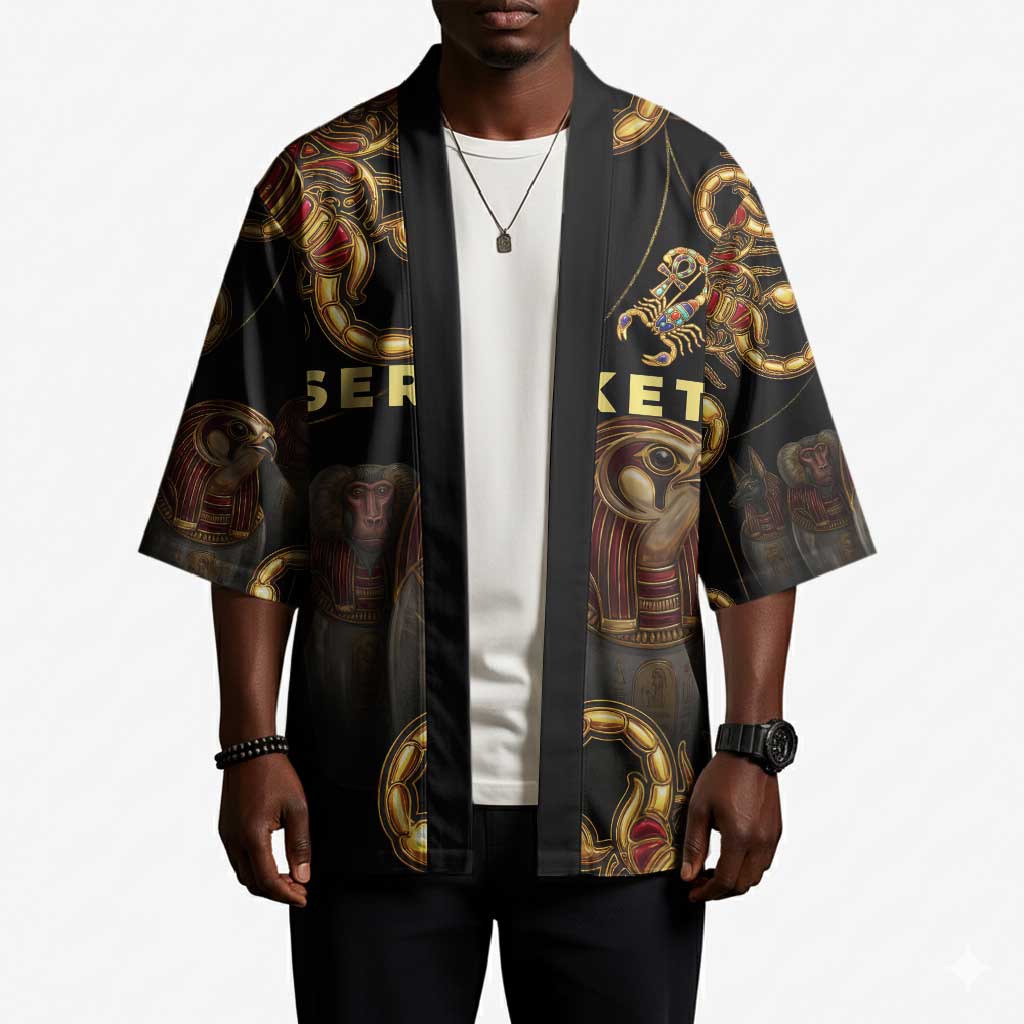 Serket Ancient Egyptian Kimono with Canopic Jars and Scorpion Motif in Protection