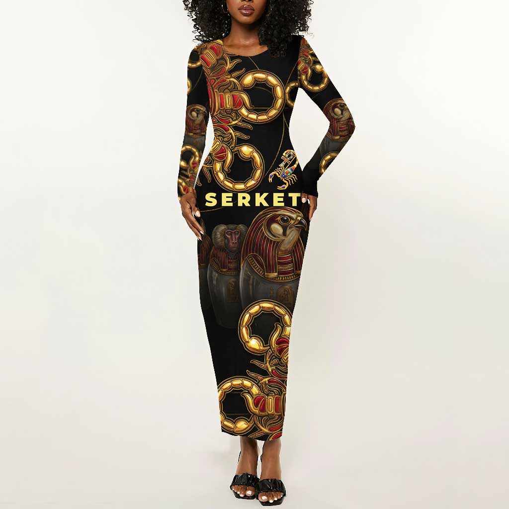 Serket Ancient Egyptian Long Sleeve Bodycon Dress with Canopic Jars and Scorpion Motif in Protection