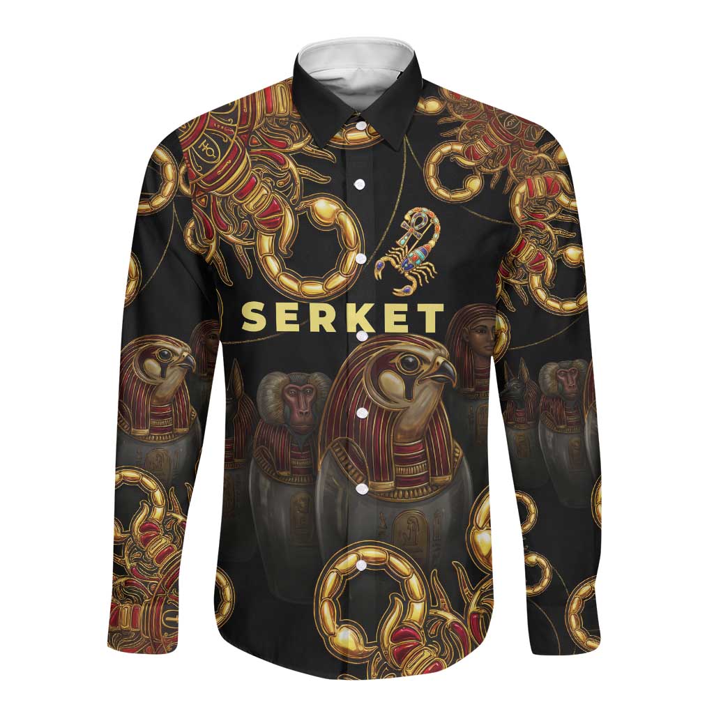 Serket Ancient Egyptian Long Sleeve Button Shirt with Canopic Jars and Scorpion Motif in Protection