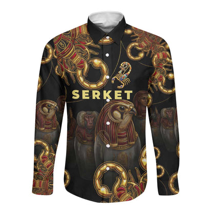 Serket Ancient Egyptian Long Sleeve Button Shirt with Canopic Jars and Scorpion Motif in Protection