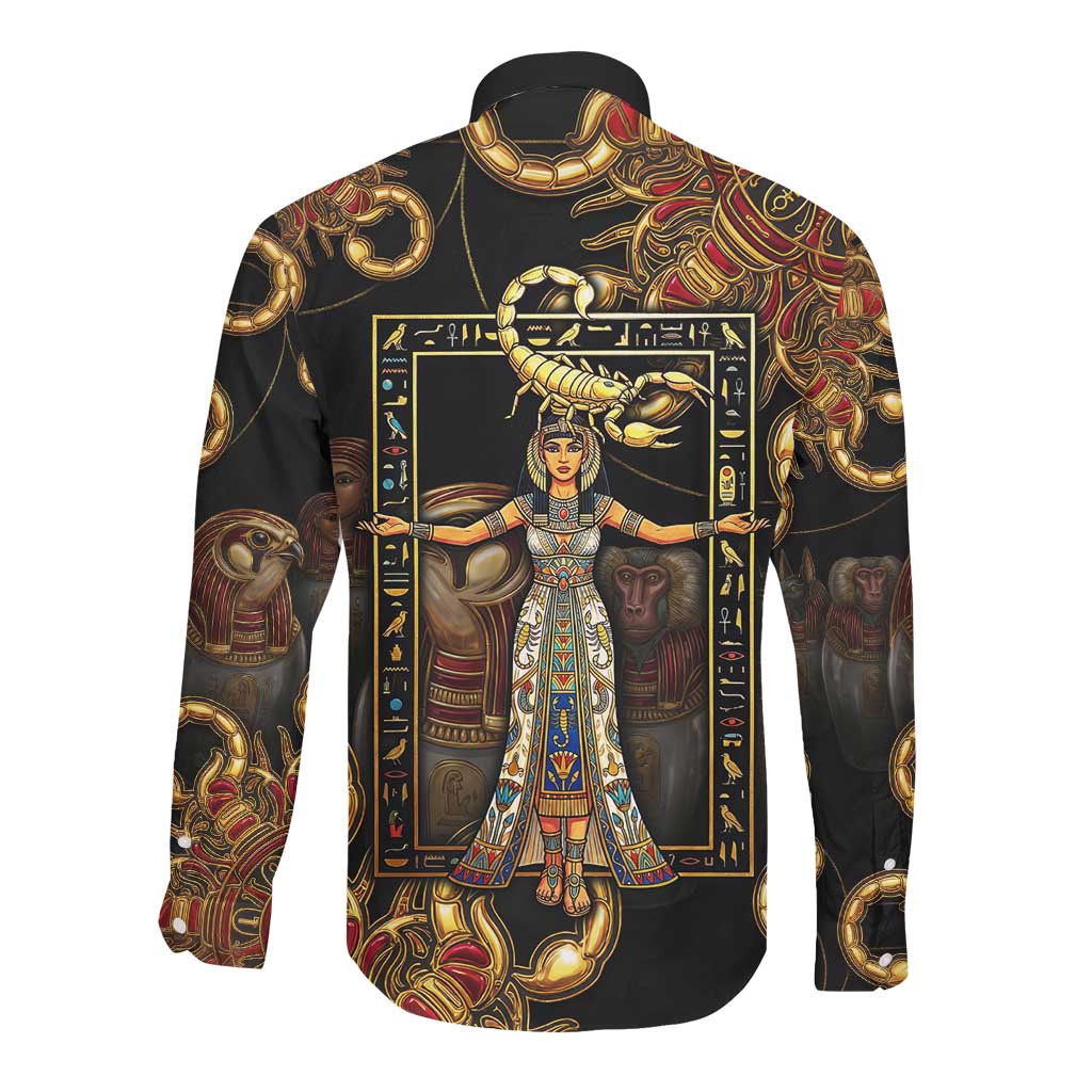 Serket Ancient Egyptian Long Sleeve Button Shirt with Canopic Jars and Scorpion Motif in Protection