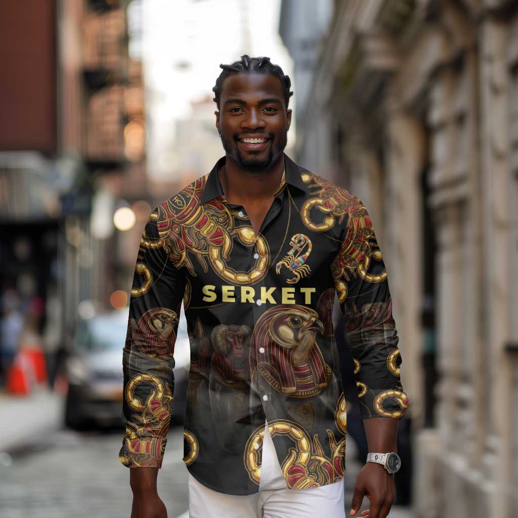 Serket Ancient Egyptian Long Sleeve Button Shirt with Canopic Jars and Scorpion Motif in Protection