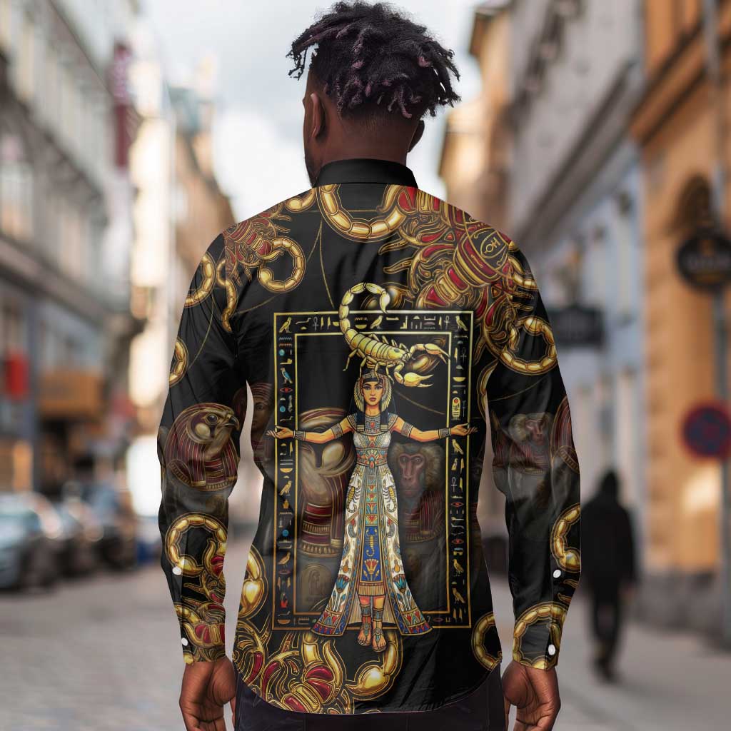 Serket Ancient Egyptian Long Sleeve Button Shirt with Canopic Jars and Scorpion Motif in Protection
