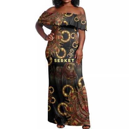 Serket Ancient Egyptian Off Shoulder Maxi Dress with Canopic Jars and Scorpion Motif in Protection