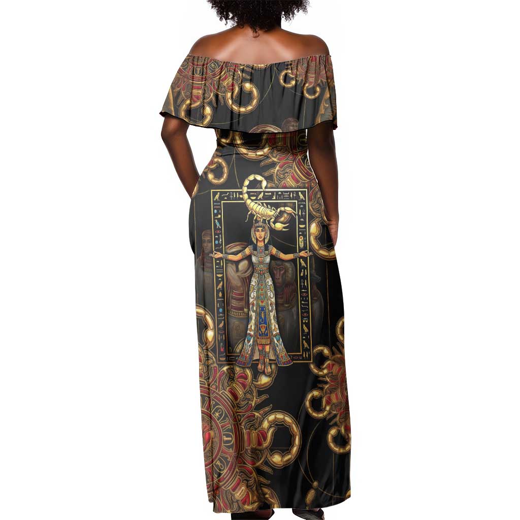 Serket Ancient Egyptian Off Shoulder Maxi Dress with Canopic Jars and Scorpion Motif in Protection
